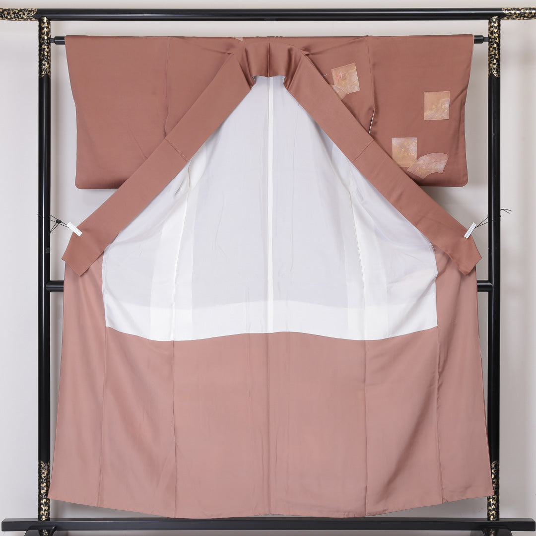 訪問着 袷 身丈156cm 裄丈63cm 正絹 Sランク Mサイズ 広衿 セミフォーマル 鳥 扇 引箔 刺繍 茶系 1212-04487