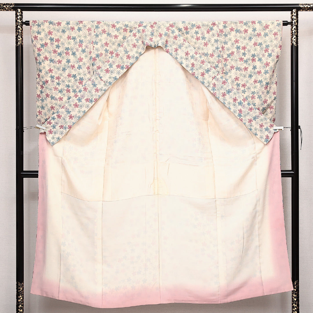小紋 袷 身丈149cm 裄丈62cm 正絹 Aランク インフォーマル 広衿 XSサイズ 桜 クリーム系 RP 1221-14086