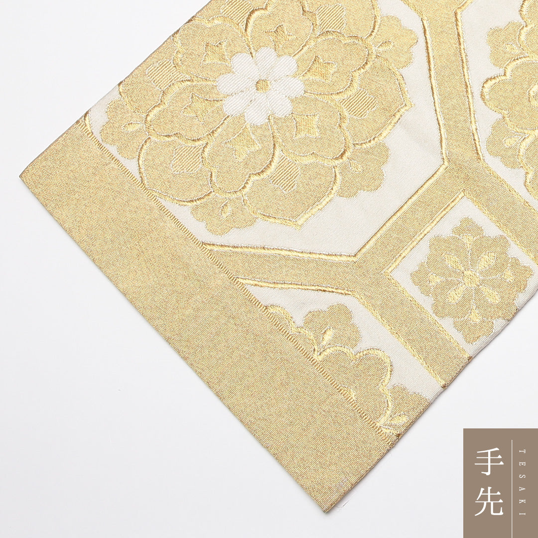 袋帯 帯丈432cm 正絹 六通 フォーマル 蜀江 宝相華 金系 白系 1243-01218