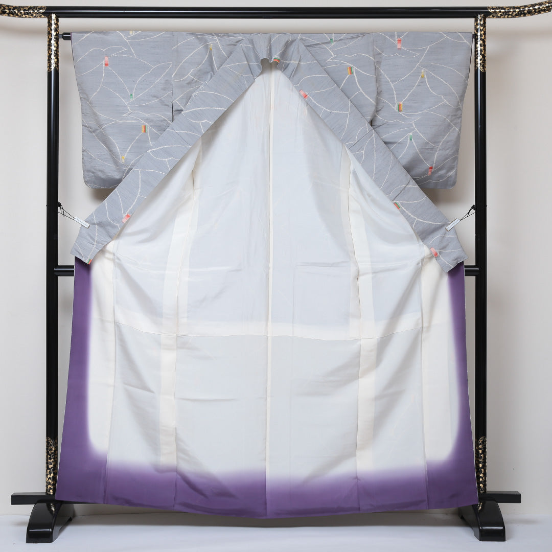 紬 袷 身丈166cm 裄66cm 正絹 グレー系 Bランク 1216-00568