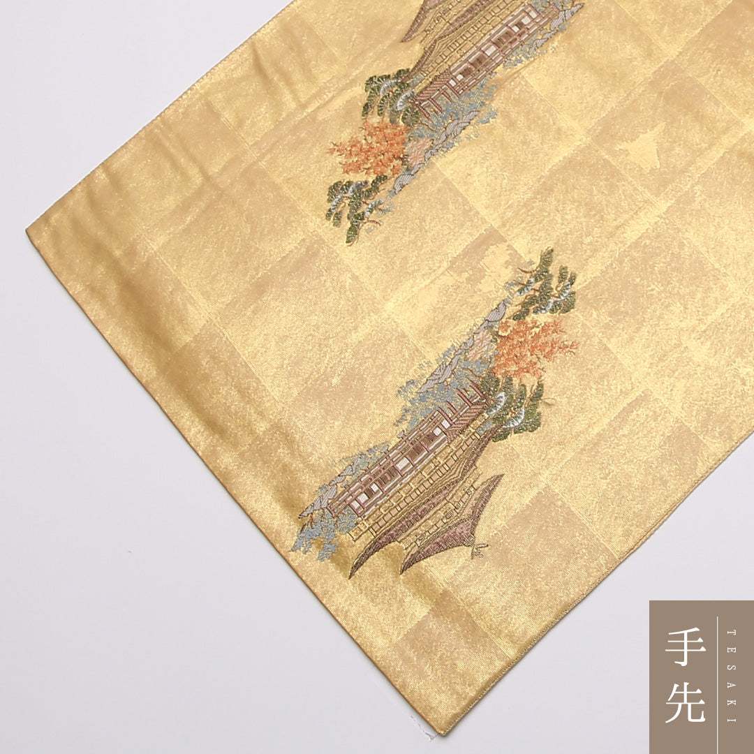 袋帯 帯丈434cm 六通 大和路散策絵文 本金箔 梅 竜胆 寺社仏閣 笠松 フォーマル 金系 正絹 Aランク 1223-01093