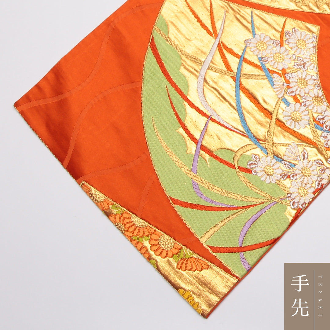 袋帯 帯丈420cm 六通 菊 紅葉 立涌 フォーマル 朱系 正絹 Aランク 1223-01195