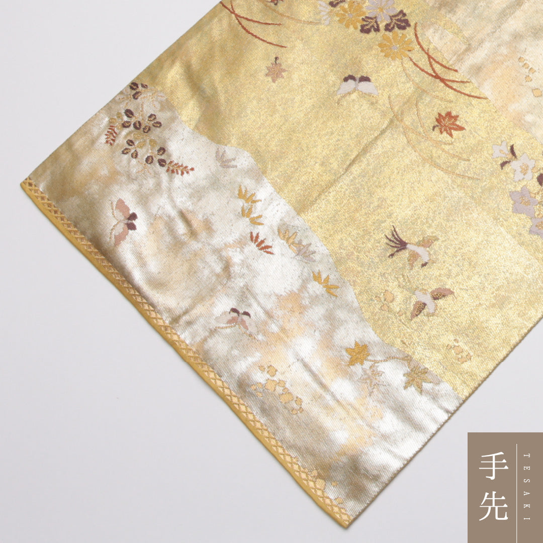 袋帯 帯丈428cm 正絹 六通 フォーマル 花鳥文 吉祥文様 金系 1243-01111