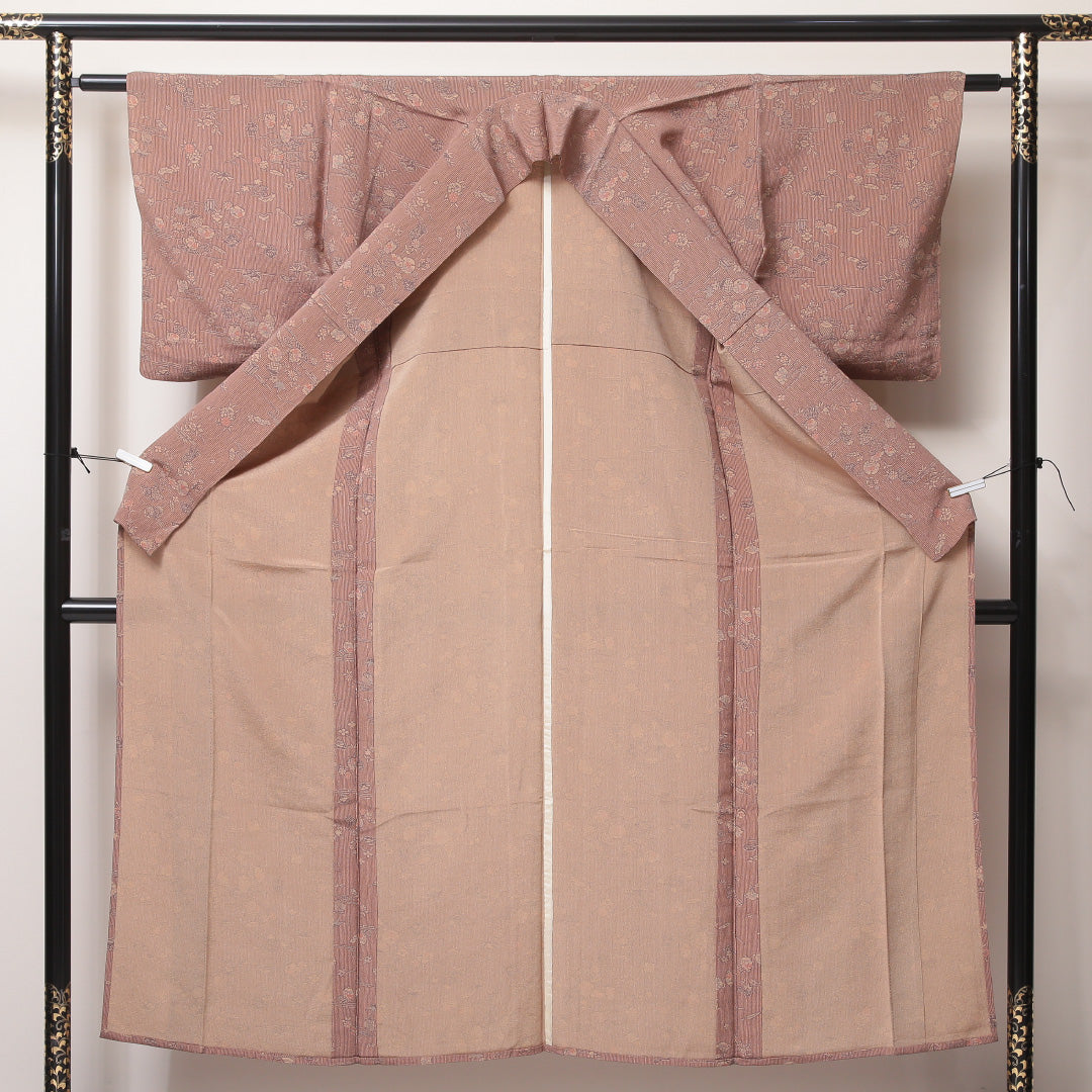 小紋 単衣 身丈151cm 裄60.5cm 正絹 鉄瓶 棗 茶系 ちりめん Sランク 1215-02185