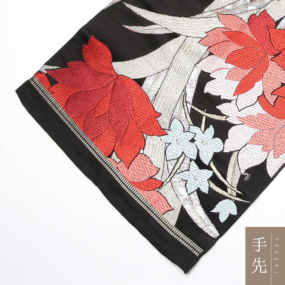 振袖用 袋帯 帯丈394cm 正絹 六通 芙蓉 金系 黒系 1243-01220