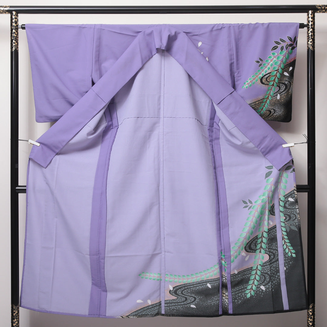洗える着物 訪問着 単衣 身丈146cm 裄丈64cm ポリエステル Cランク セミフォーマル 広衿 XSサイズ 金箔 流水 桜 紫系 HP 1217-04564