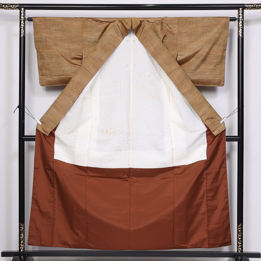 信州紬 袷 身丈158cm 裄丈63cm 正絹 Sランク カジュアル 広衿 Mサイズ 格子 茶系 M4 1223-10474