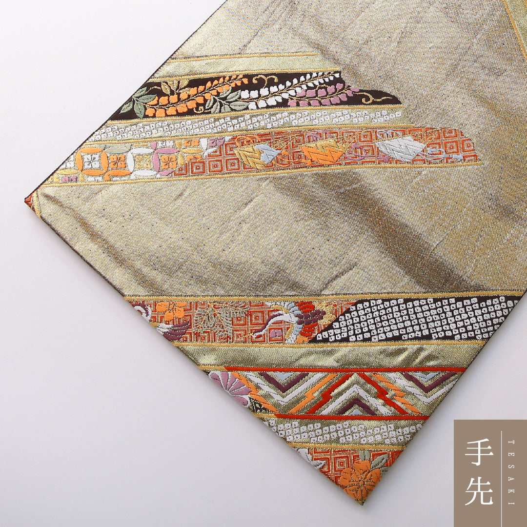 袋帯 帯丈438cm 正絹 六通 松皮重吉祥文 フォーマル 松皮菱 吉祥文様 金系 1243-02143