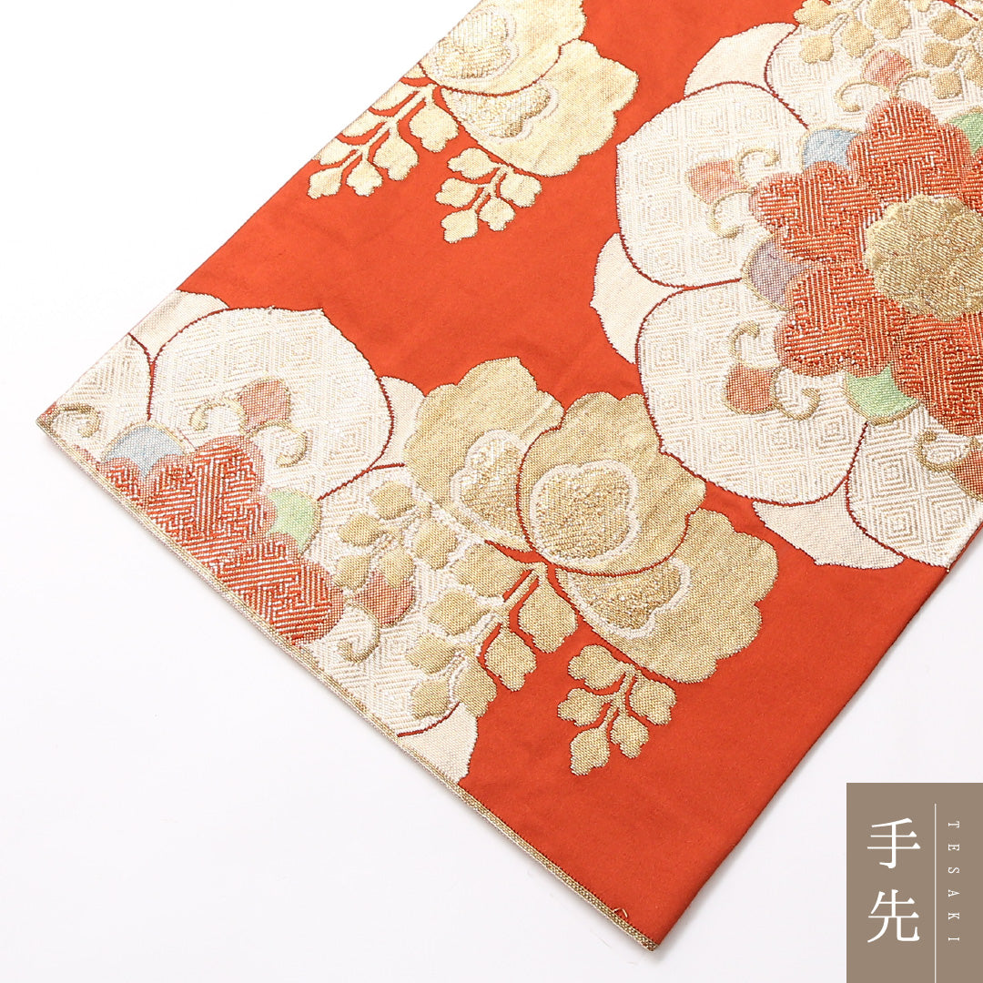 袋帯 帯丈414cm 六通 フォーマル Aランク 正絹 華文 桐 古典的 華やか 赤系 1223-01737