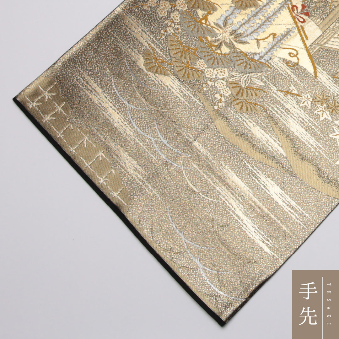 本金箔二重引錦 袋帯 帯丈428cm 六通 源氏物語 フォーマル 金系 正絹 尾島産業謹製 Sランク 1223-01139