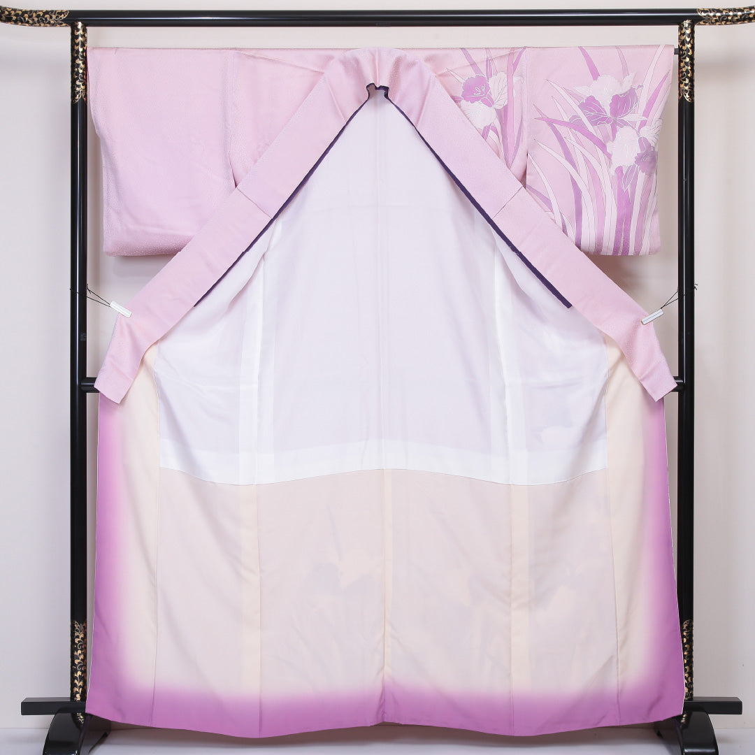 訪問着 袷 身丈160~164cm 裄68cm 正絹 一つ紋 菖蒲 五瓜に桔梗 ピンク系 Aランク 1212-00552