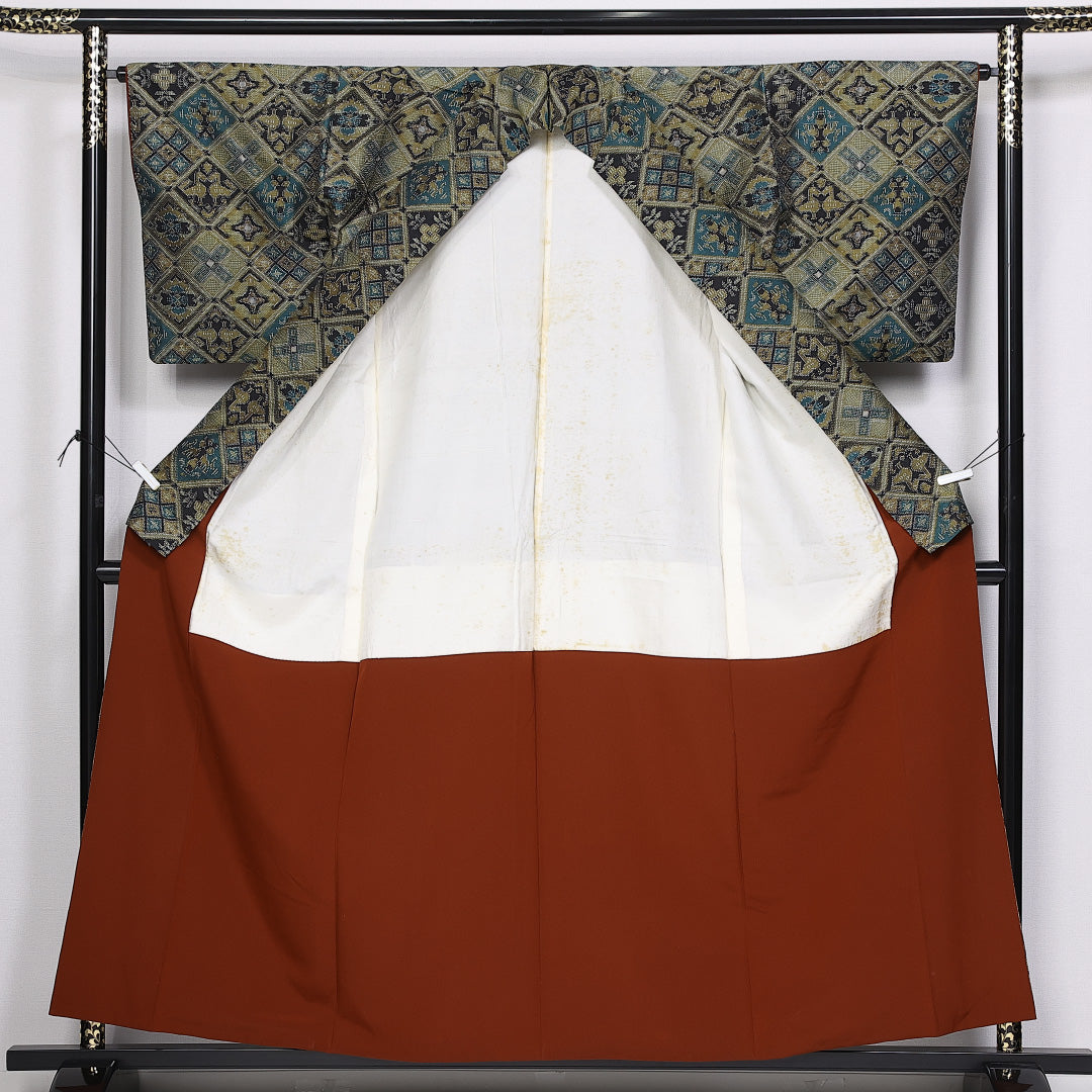 紬 袷 身丈158cm 裄丈64cm 正絹 Aランク カジュアル 広衿 Mサイズ 菱 幾何学柄 黄系 HP 1223-10479