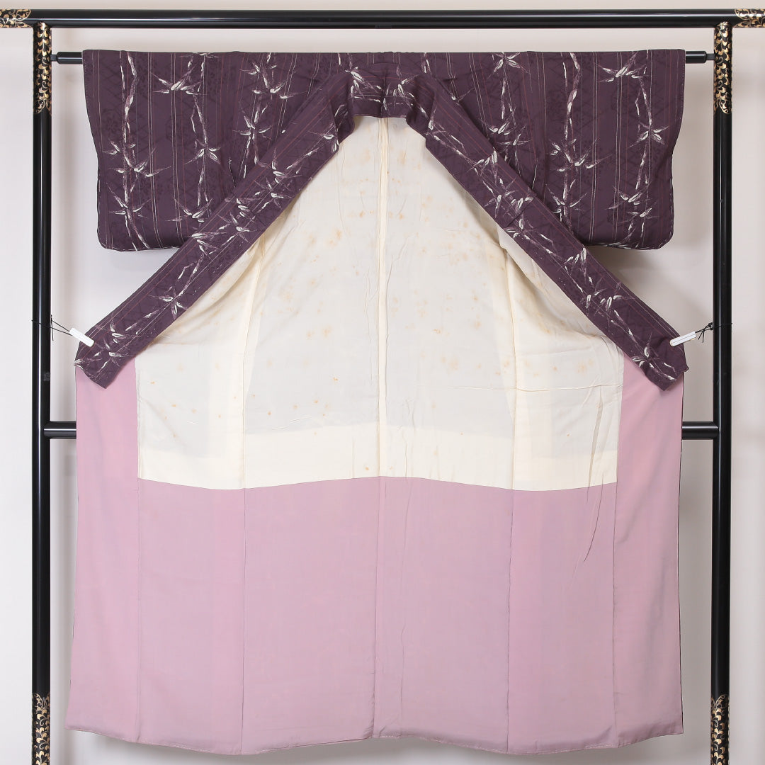 アンティーク 小紋 袷 身丈149cm 裄丈61cm 正絹 Bランク XSサイズ 広衿 笹 紫系 1215-02092