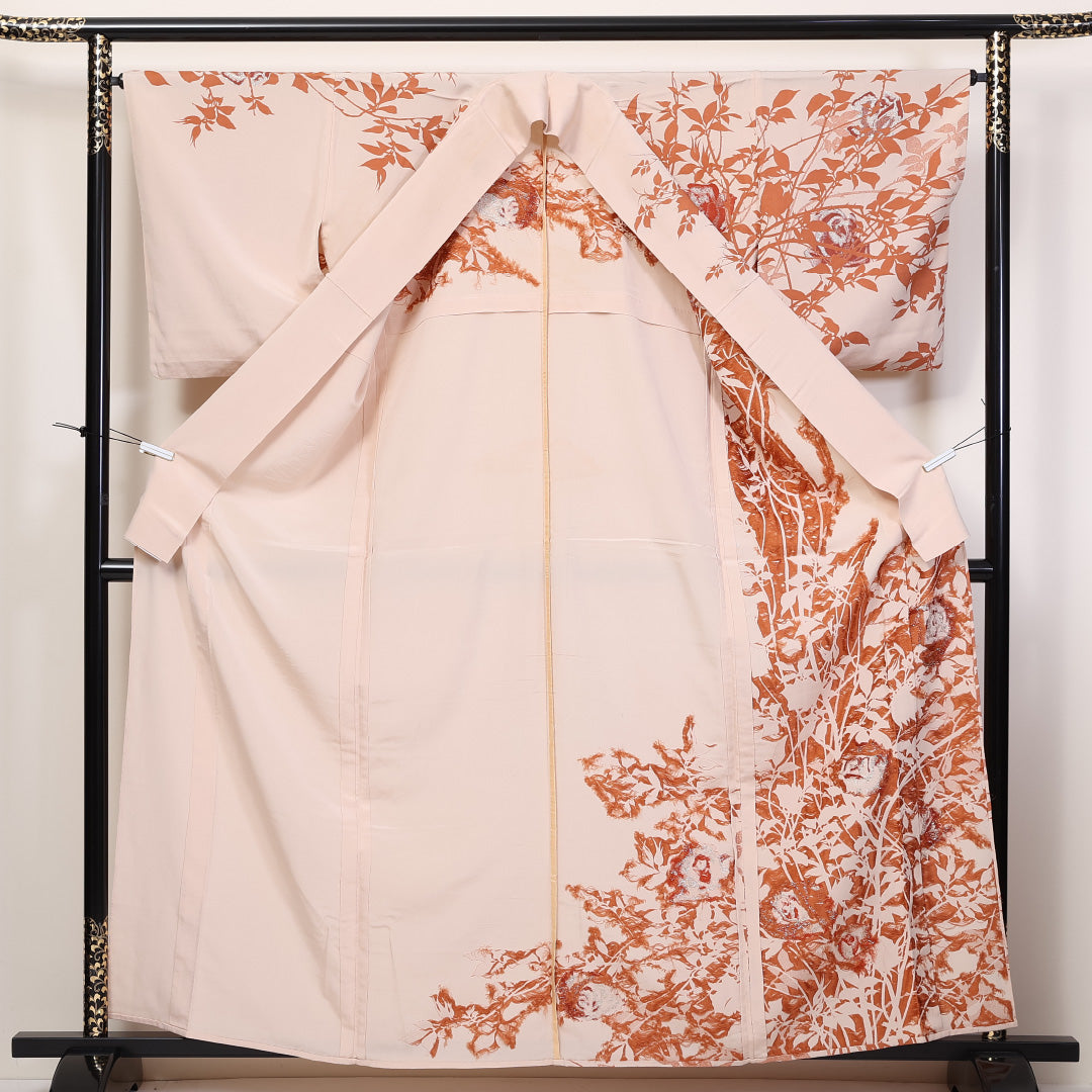 アンティーク お召 紬 単衣 身丈162cm 裄65.5cm 正絹 訪問着 漆糸 薔薇 クリーム系 Bランク 1216-01252