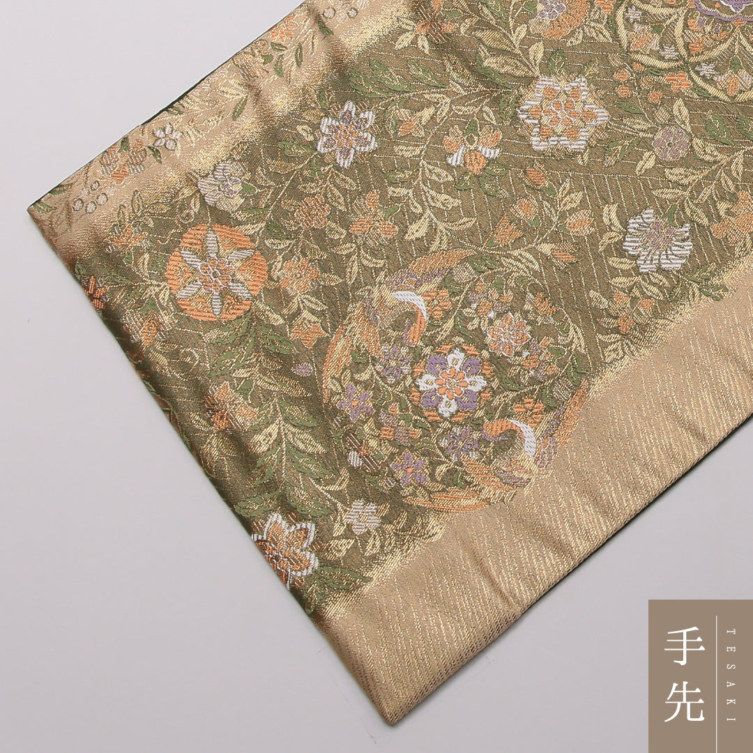 袋帯 六通 帯丈432cm フォーマル Sランク 正絹 金箔 唐草華文 金系 緑系 1223-01450