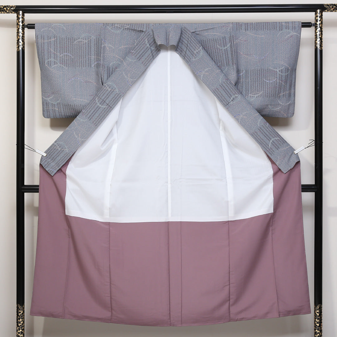 洗える着物 小紋 袷 身丈148cm 裄丈62cm ポリエステル Sランク インフォーマル 広衿 XSサイズ 芝草 松葉 グレー系 RP 1221-01719