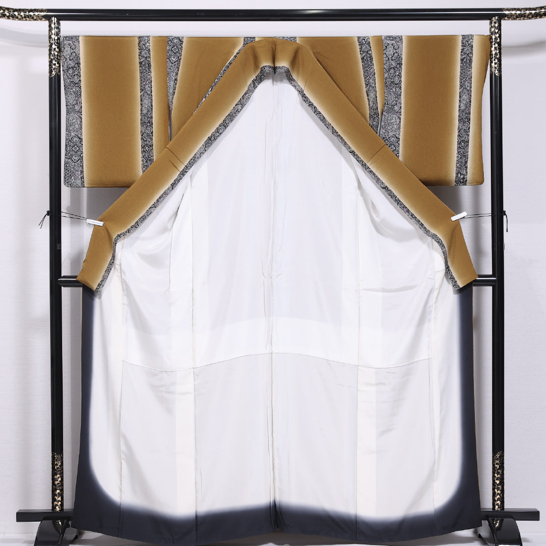 小紋 袷 身丈163cm 裄丈66cm 正絹 Aランク インフォーマル 広衿 Lサイズ 縞 黄系 RP 1221-11591