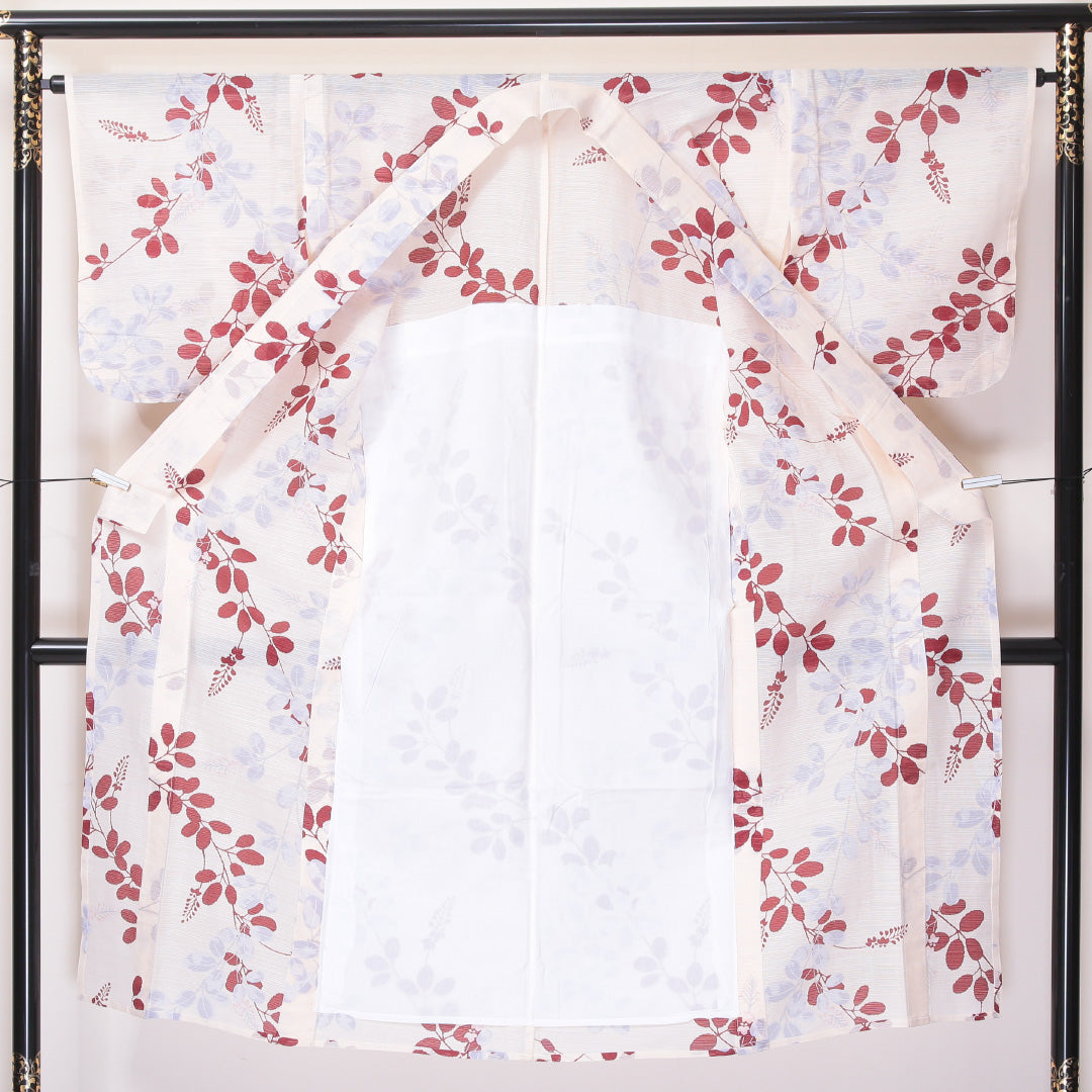 小紋 絽 身丈138cm 裄64cm 麻 洗える着物 萩 居敷当て 白系 Sランク 1215-02269