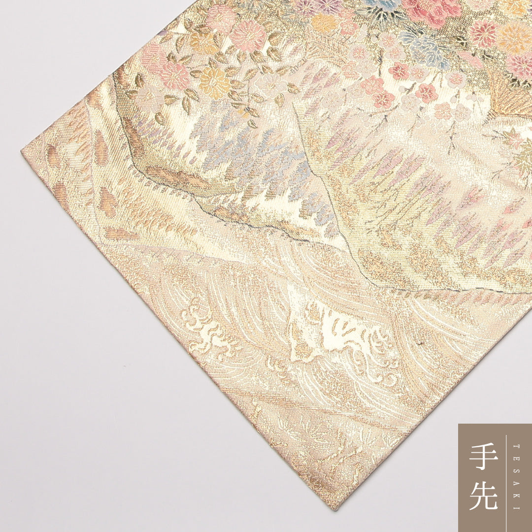 袋帯 帯丈436cm 正絹 六通 フォーマル 寺社 四季山野 金系 1243-01276