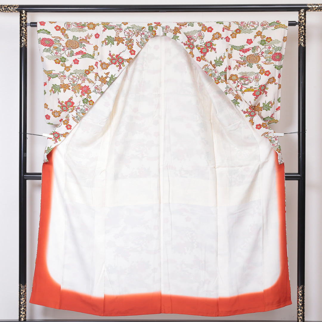 小紋 袷 身丈154cm 裄丈62cm 正絹 Bランク Sサイズ バチ衿 インフォーマル 紅型 花柄 白系 1215-01856