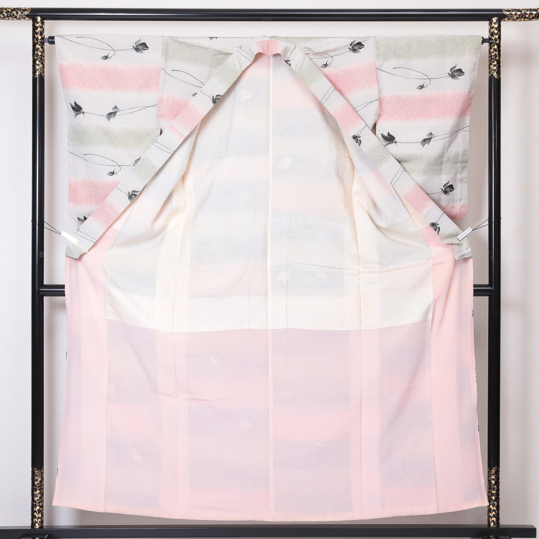 お召 袷 身丈155cm 裄丈65cm 正絹 Cランク インフォーマル バチ衿 Mサイズ 花柄 白系 LP 1222-03262