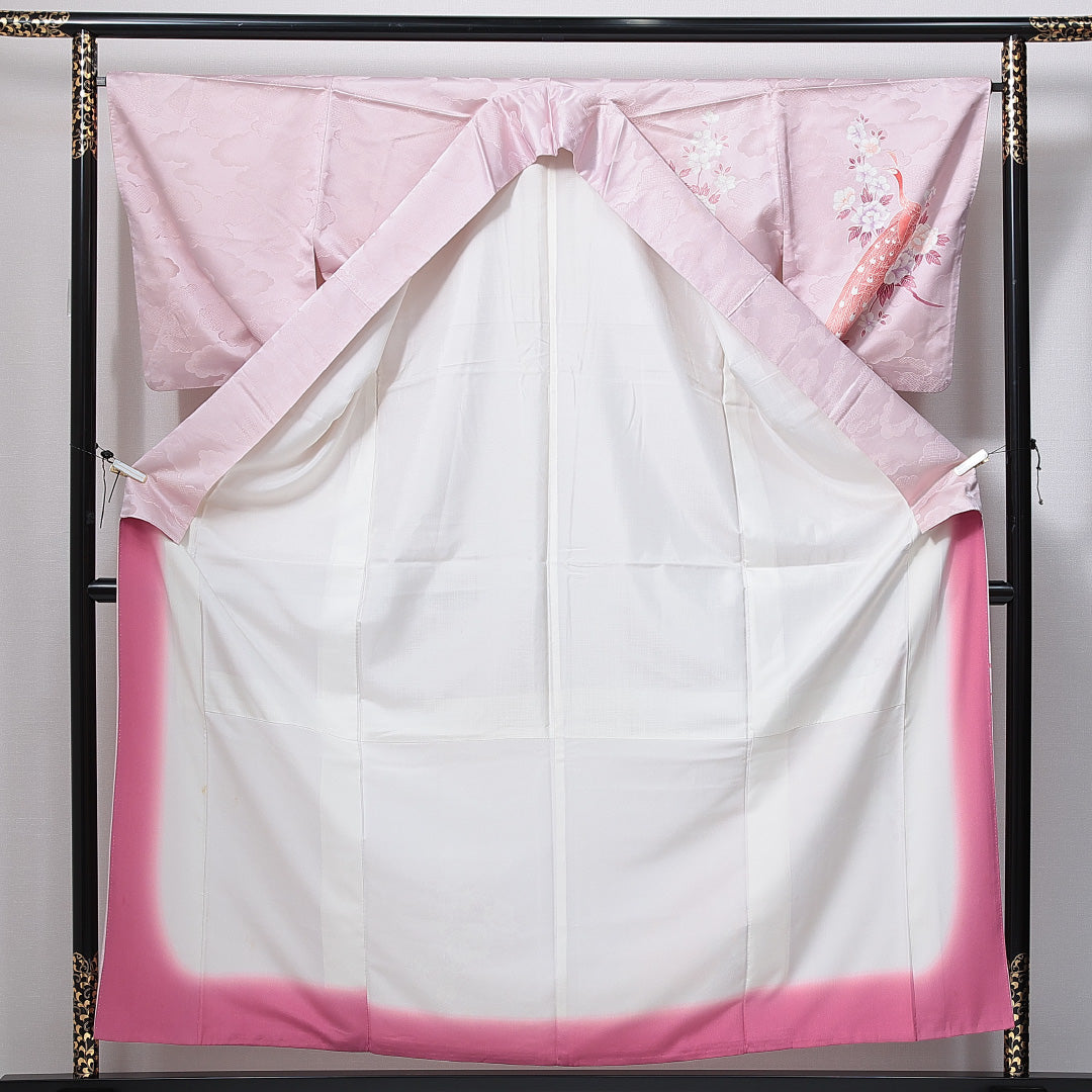 訪問着 洗える着物 袷 身丈155cm 裄丈65cm ポリエステル Cランク Mサイズ 広衿 セミフォーマル 孔雀 梅 紫系 1212-14989