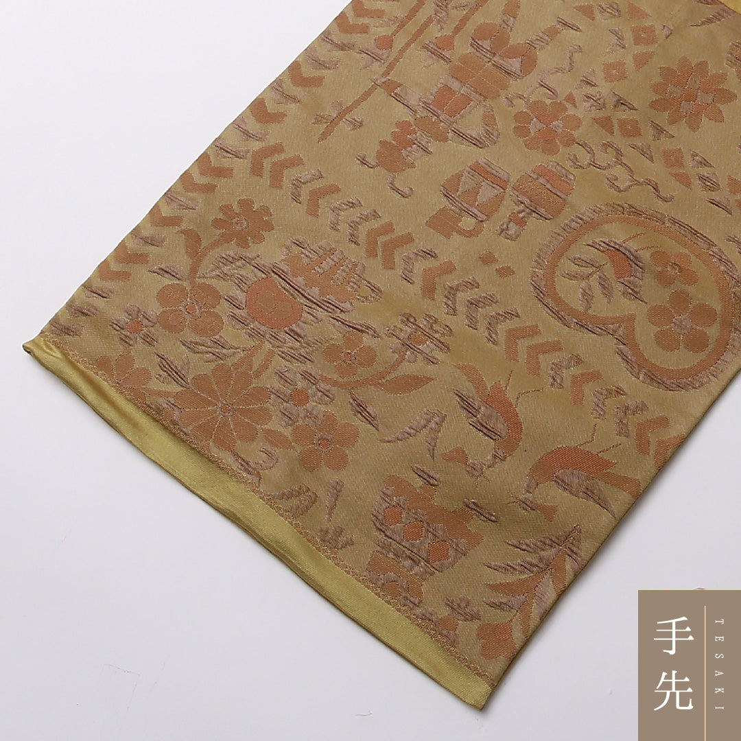 袋帯 帯丈420cm 正絹 六通 インフォーマル 創作柄 茶系 黄系 1243-01607