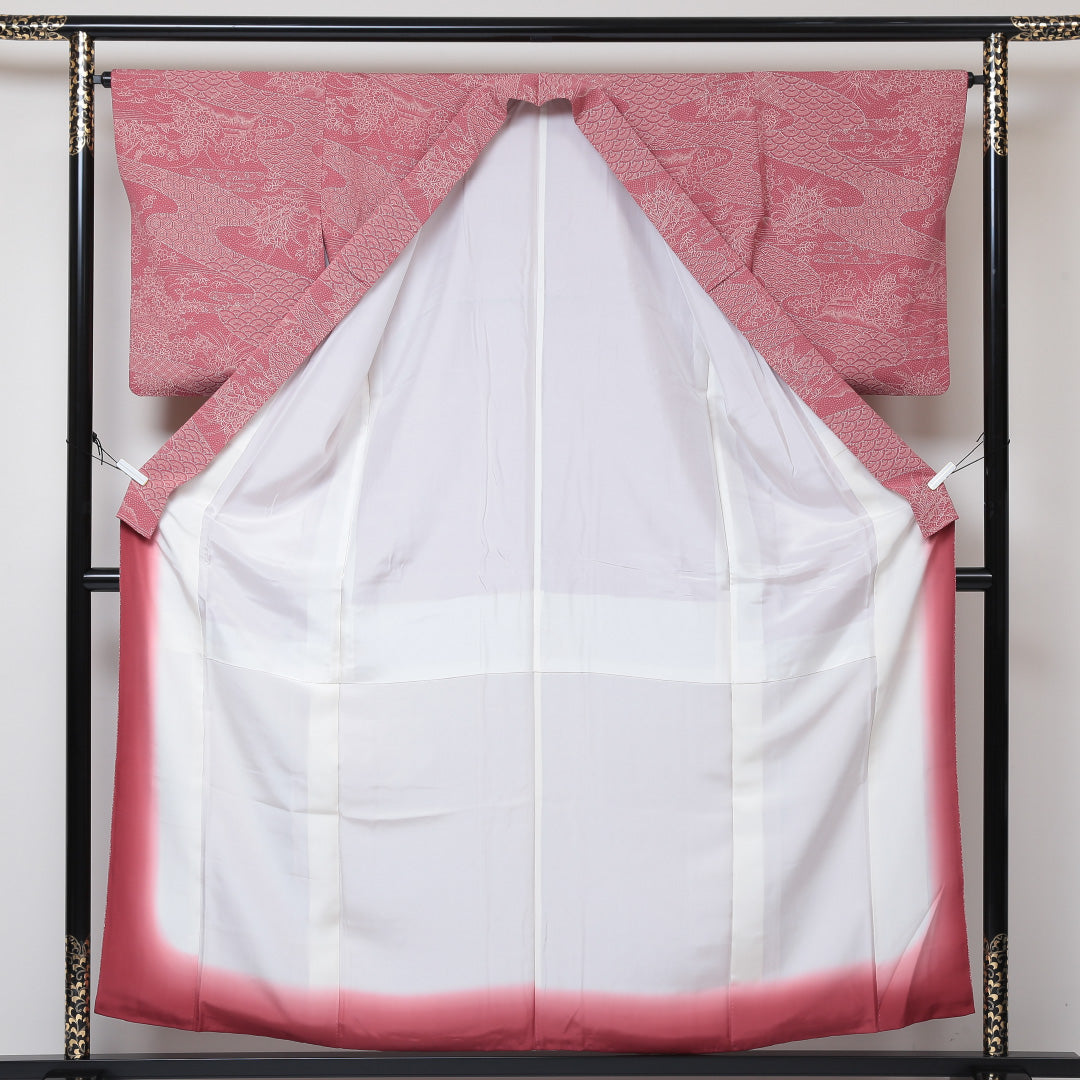 小紋 袷 身丈157cm 裄丈64cm 正絹 Aランク Mサイズ バチ衿 インフォーマル ちりめん 茶屋辻 青海波 ピンク系 1215-01505