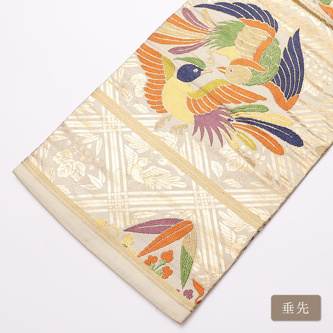 アンティーク 九寸名古屋帯 Aランク 帯丈334cm 正絹 全通 名古屋仕立て 織り 向かい鳥 金系 RP 1245-01095