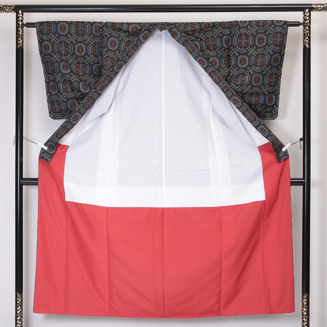 アンサンブル 村山大島紬 袷 身丈153cm 裄丈61cm 正絹 Sランク インフォーマル バチ衿 Sサイズ 紐あり 蜀江 青系 RP 1223-03408