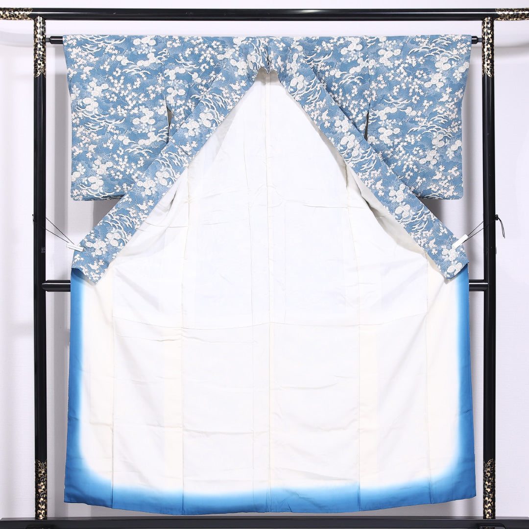 小紋 袷 身丈152cm 裄丈62cm 正絹 Sランク インフォーマル 広衿 Sサイズ 菊 紅葉 青系 RP 1221-11566