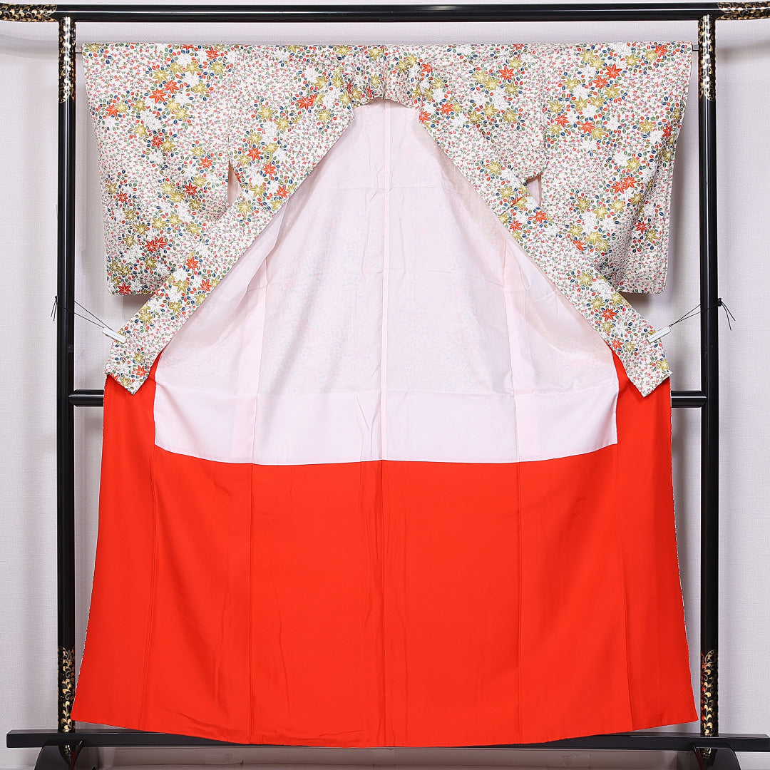 小紋 身丈160cm 裄丈55.5cm L 正絹 Sランク 袷 広衿 紅葉 萩 1215-10833