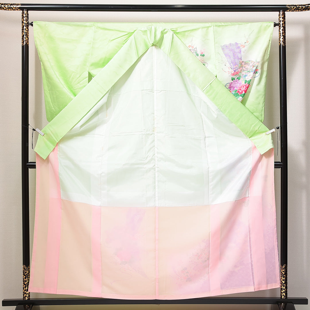 訪問着 洗える着物 袷 身丈158cm 裄丈62cm ポリエステル Bランク Mサイズ 広衿 セミフォーマル 吉祥文様 緑系 1212-14923