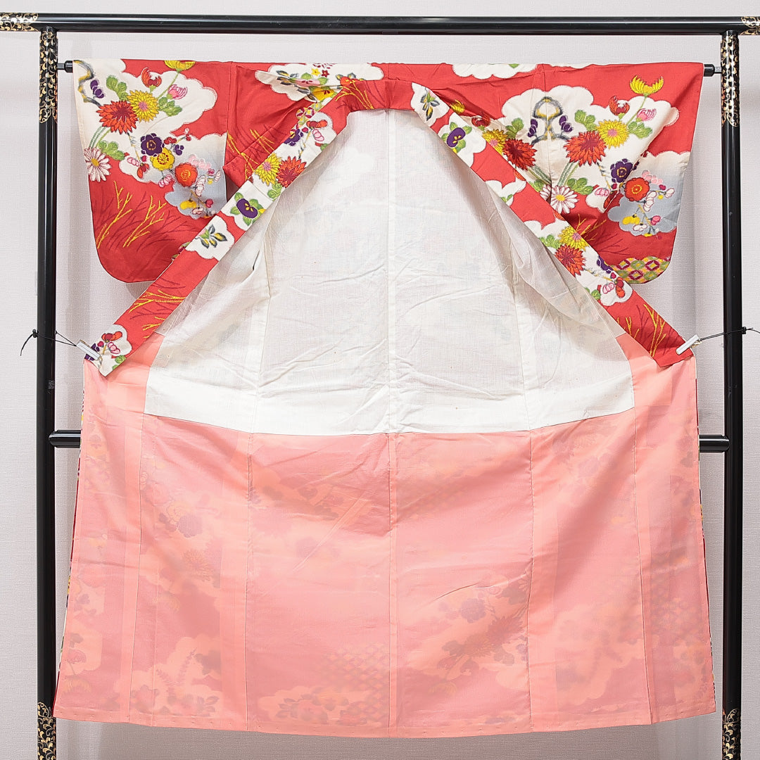 アンティーク 紬(銘仙) 袷 身丈149cm 裄丈64cm 正絹 Dランク XSサイズ バチ衿 梅 赤系 1216-15612