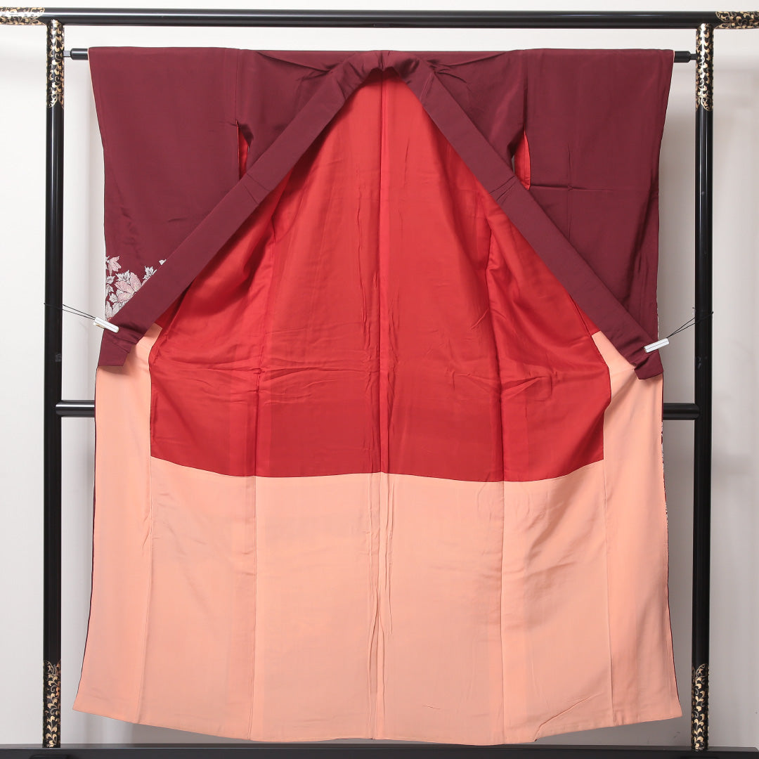 アンティーク 付下げ 袷 身丈155cm 裄丈62cm 正絹 Aランク バチ衿 Mサイズ 芙蓉 赤系 RP 1218-04578