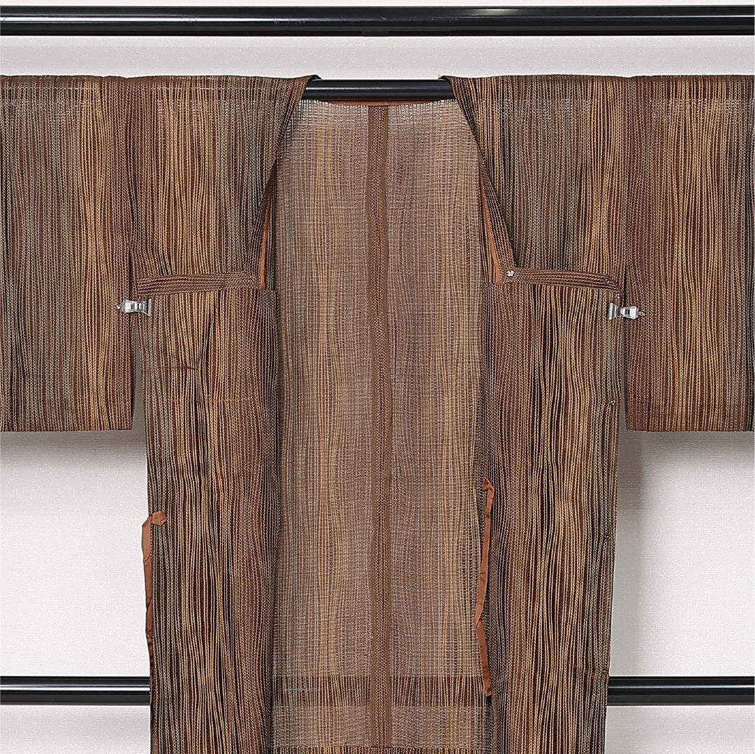 夏物 道行コート 夏物 身丈99cm 裄丈64cm 正絹 Sランク セミフォーマル Mサイズ ポケットあり よろけ縞 茶系 RP 1237-12851