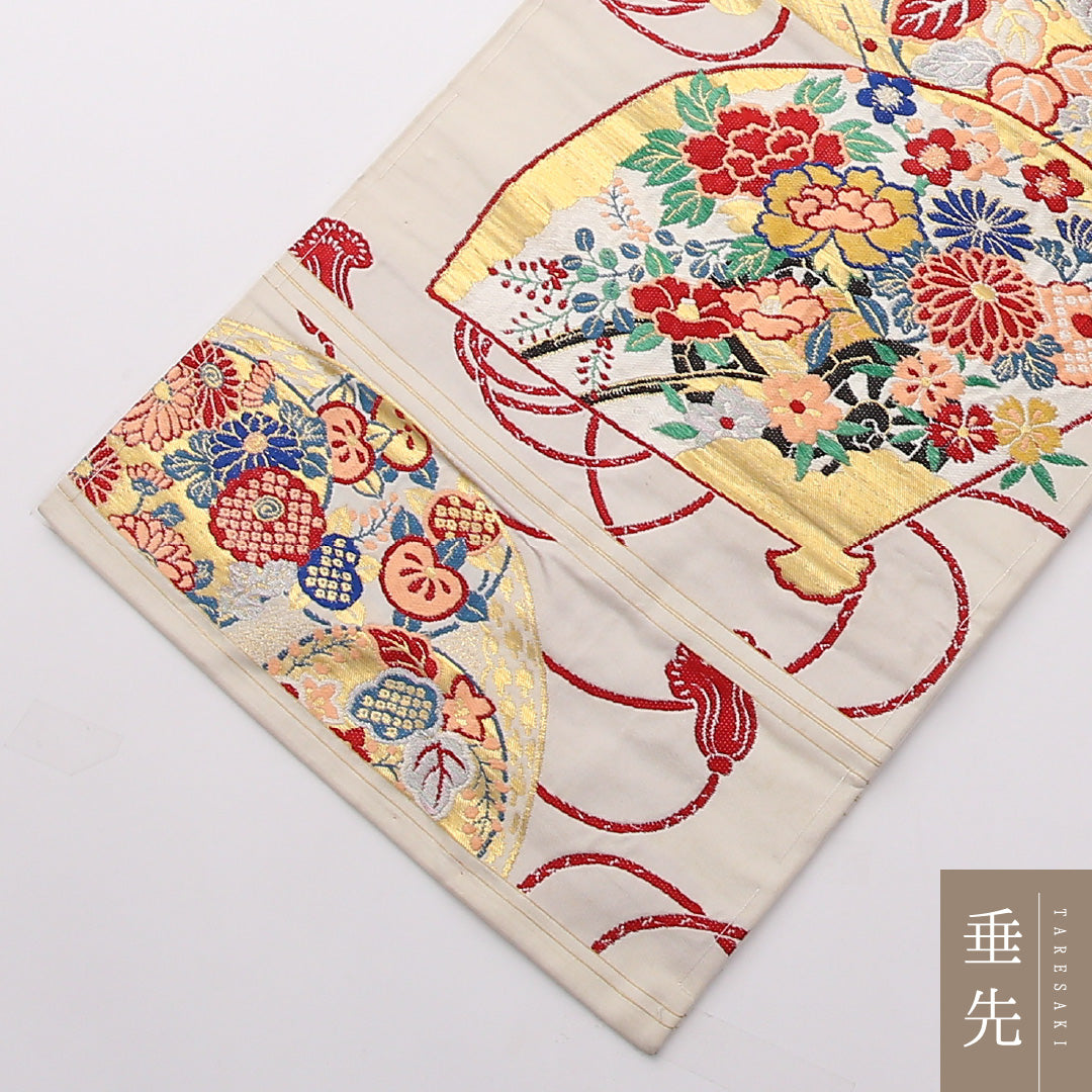 アンティーク 名古屋帯 六通 帯丈325cm Aランク 正絹 吉祥文様 扇 白系 1224-02378