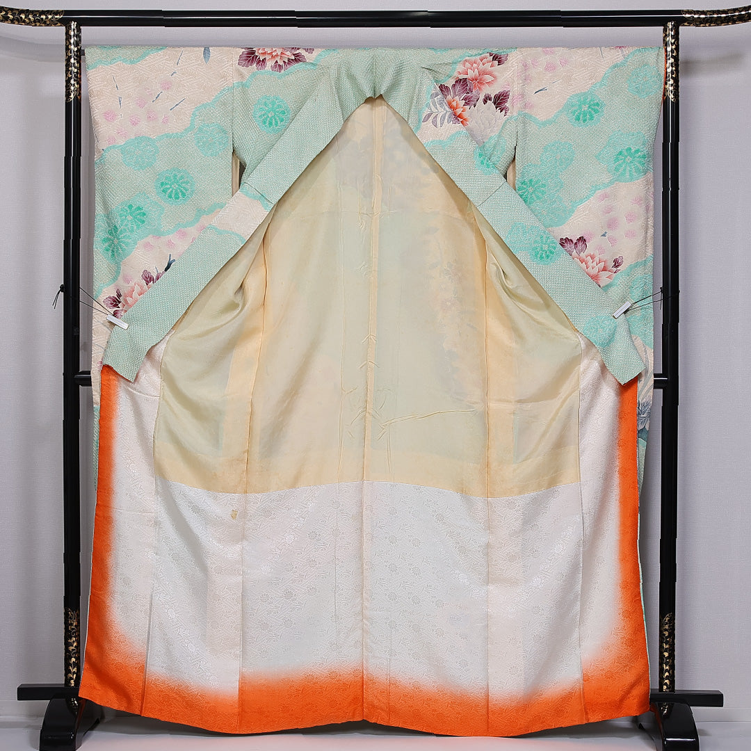 振袖 身丈166cm 裄丈67.5cm 袷 正絹 Cランク 広衿 絞り 牡丹 桔梗 菊 1213-F0398