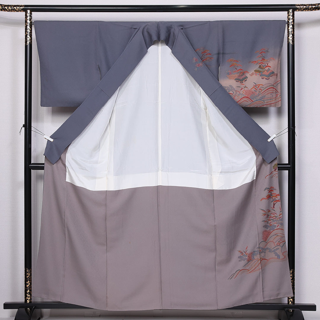 訪問着 袷 身丈157cm 裄丈65cm 正絹 Bランク セミフォーマル 広衿 Mサイズ 茶屋辻 松竹梅 グレー系 HP 1217-10862