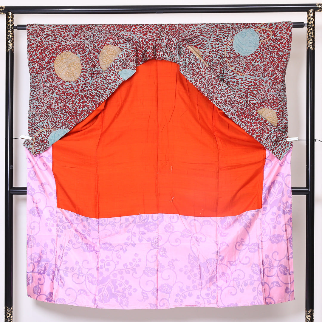 アンティーク 小紋 袷 身丈144cm 裄丈62cm 正絹 Aランク 広衿 XSサイズ 毬 花柄 緑系 SR 1221-01924