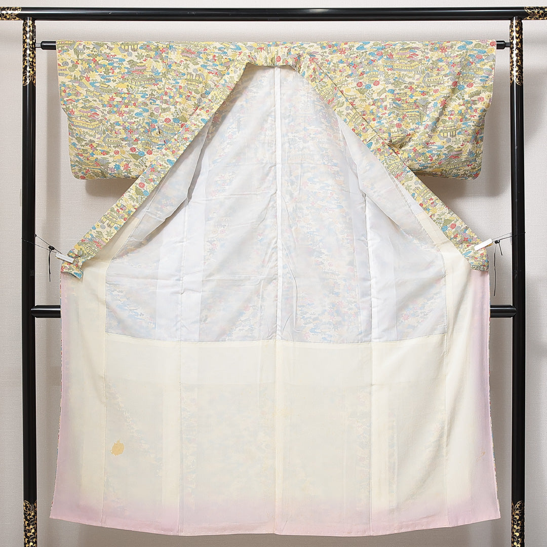 小紋 袷 身丈147cm 裄丈61cm 正絹 Sランク インフォーマル バチ衿 XSサイズ 楼閣 花柄 クリーム系 RP 1221-14933