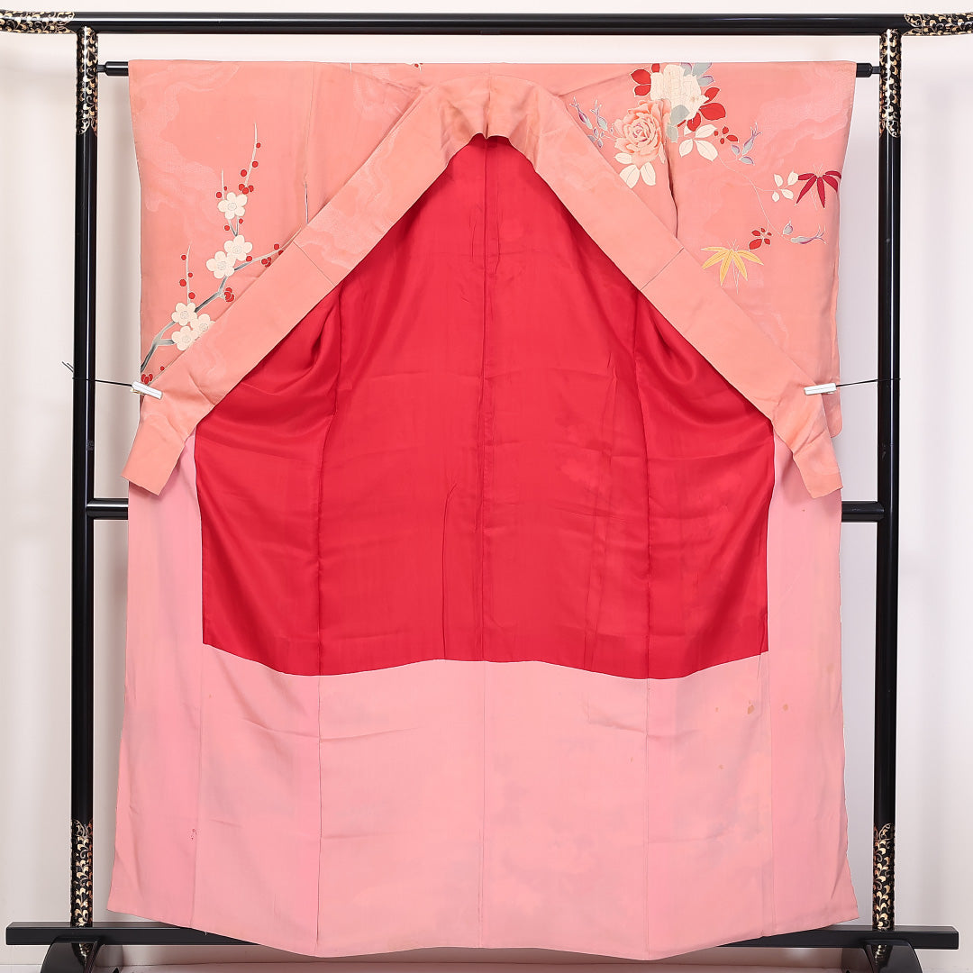 アンティーク 小振袖 身丈161cm 裄丈62.5cm Cランク 袷 正絹 広衿 花車 1213-F0070