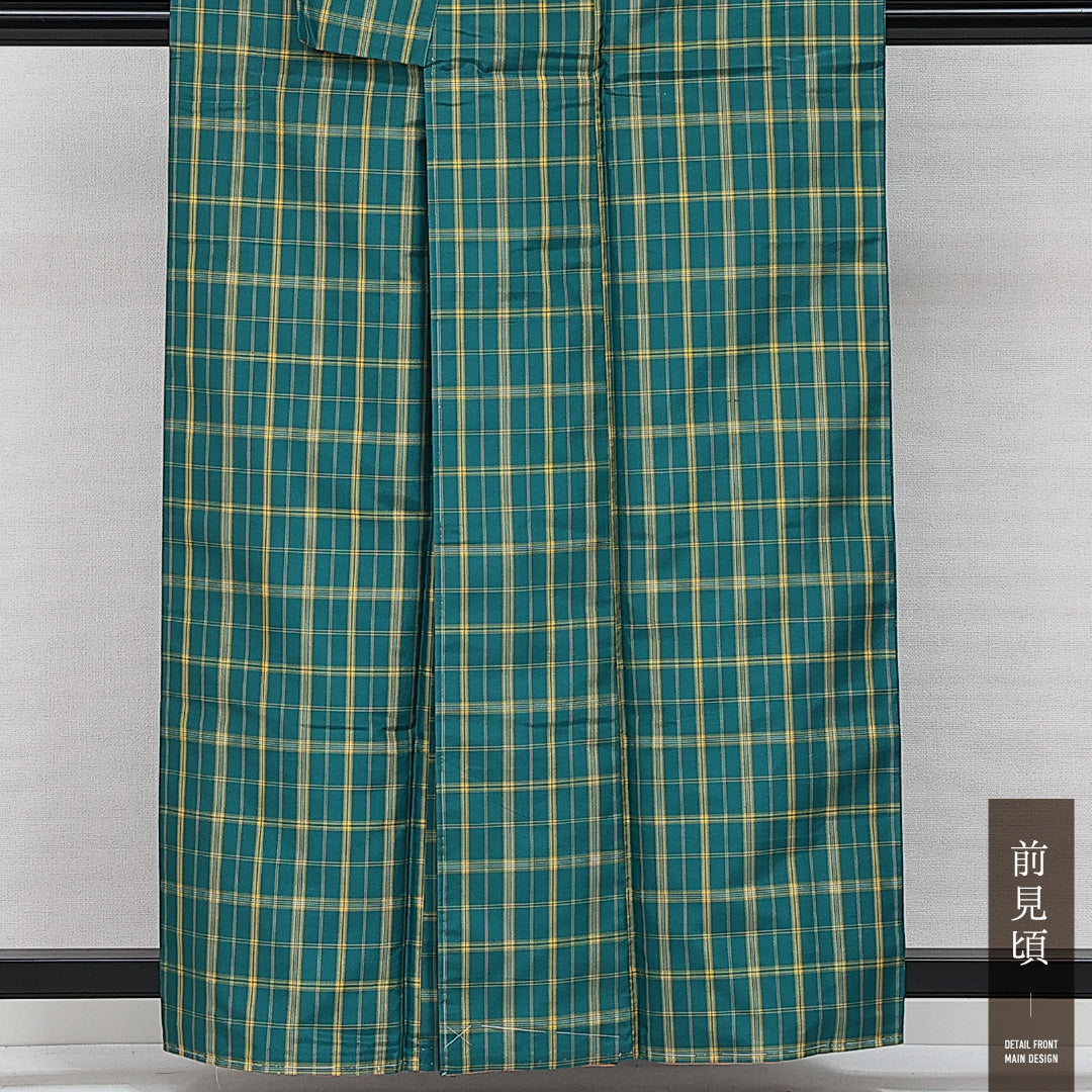 アンサンブル 紬 袷 身丈158cm 裄丈60cm 正絹 Aランク カジュアル 広衿 Mサイズ 格子 緑系 RP 1223-14516