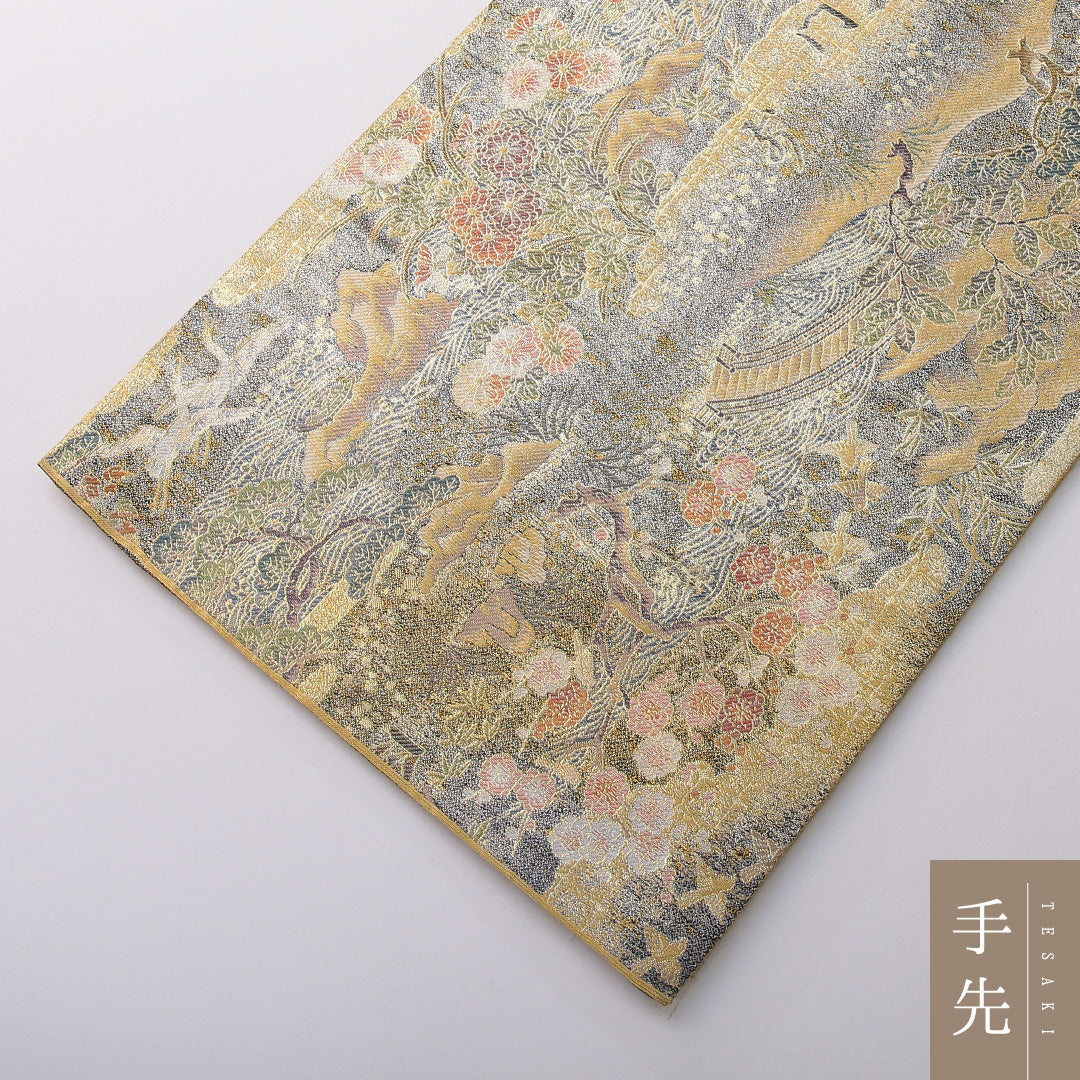 袋帯 帯丈436cm フォーマル 六通 Sランク 正絹 古典柄 吉祥文様 金系 1223-02038