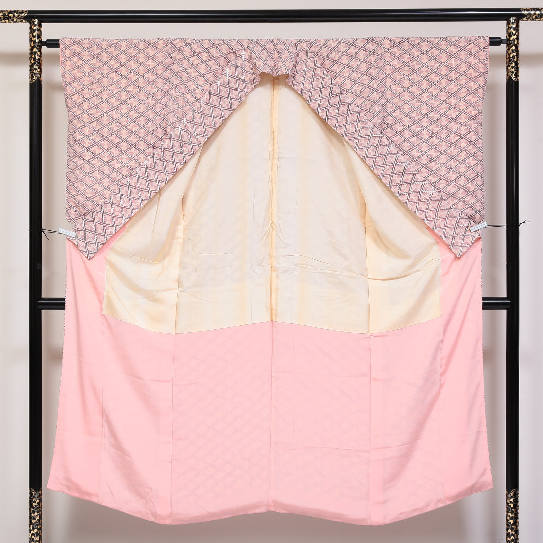 レトロ 小紋 袷 身丈147cm 裄61.5cm ピンク系 正絹 Cランク 1215-01778-5113