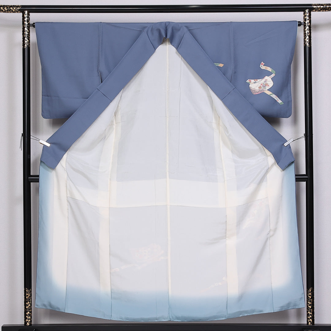訪問着 袷 身丈154cm 裄丈62cm 正絹 Sランク 紋意匠 (紗綾型) セミフォーマル 広衿 Sサイズ 泰明 落款 几帳 菊 青系 RP 1217-10140