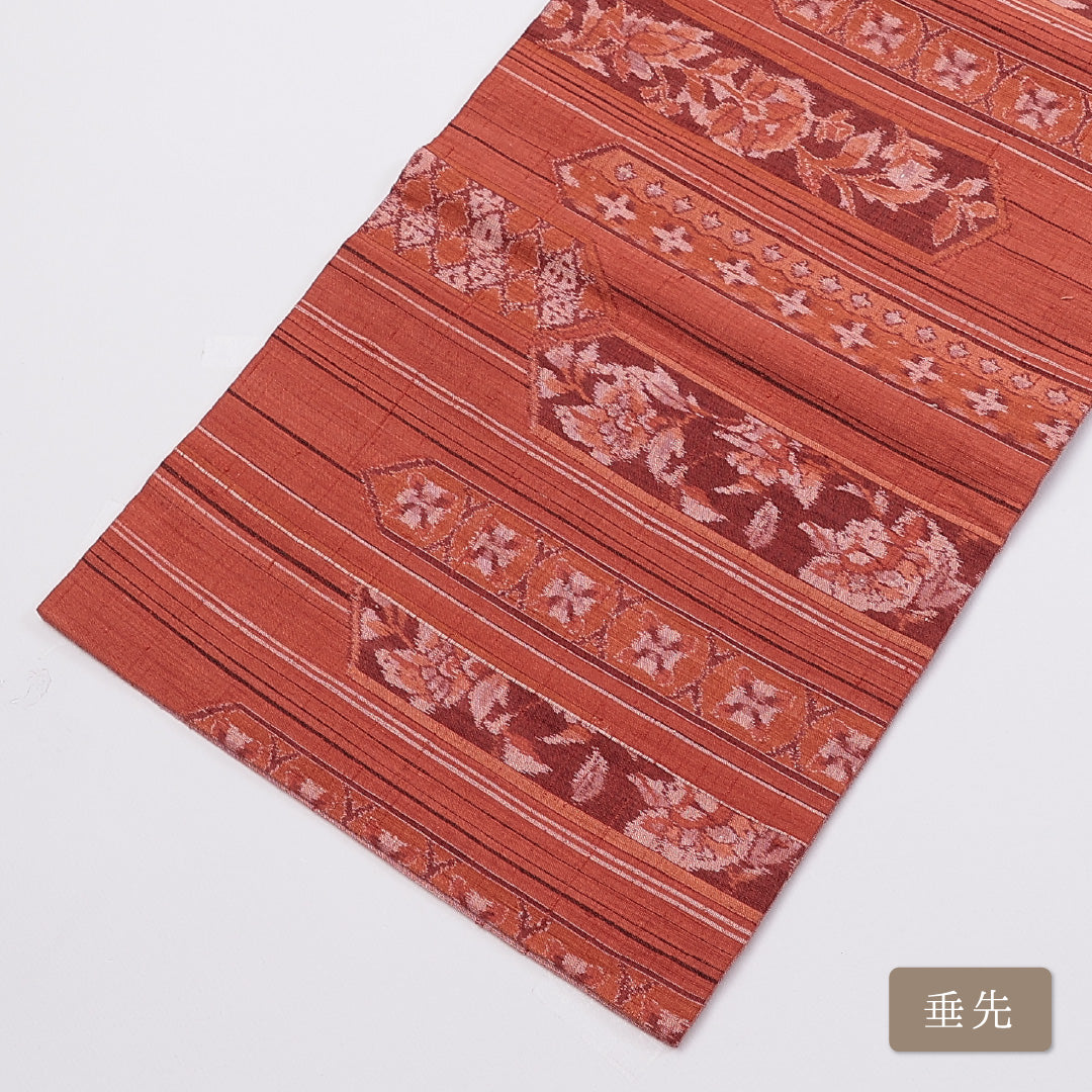 九寸名古屋帯 Aランク 帯丈363cm 正絹 六通 名古屋仕立て 織り カジュアル 紬 花柄 朱系 LP 1245-00903