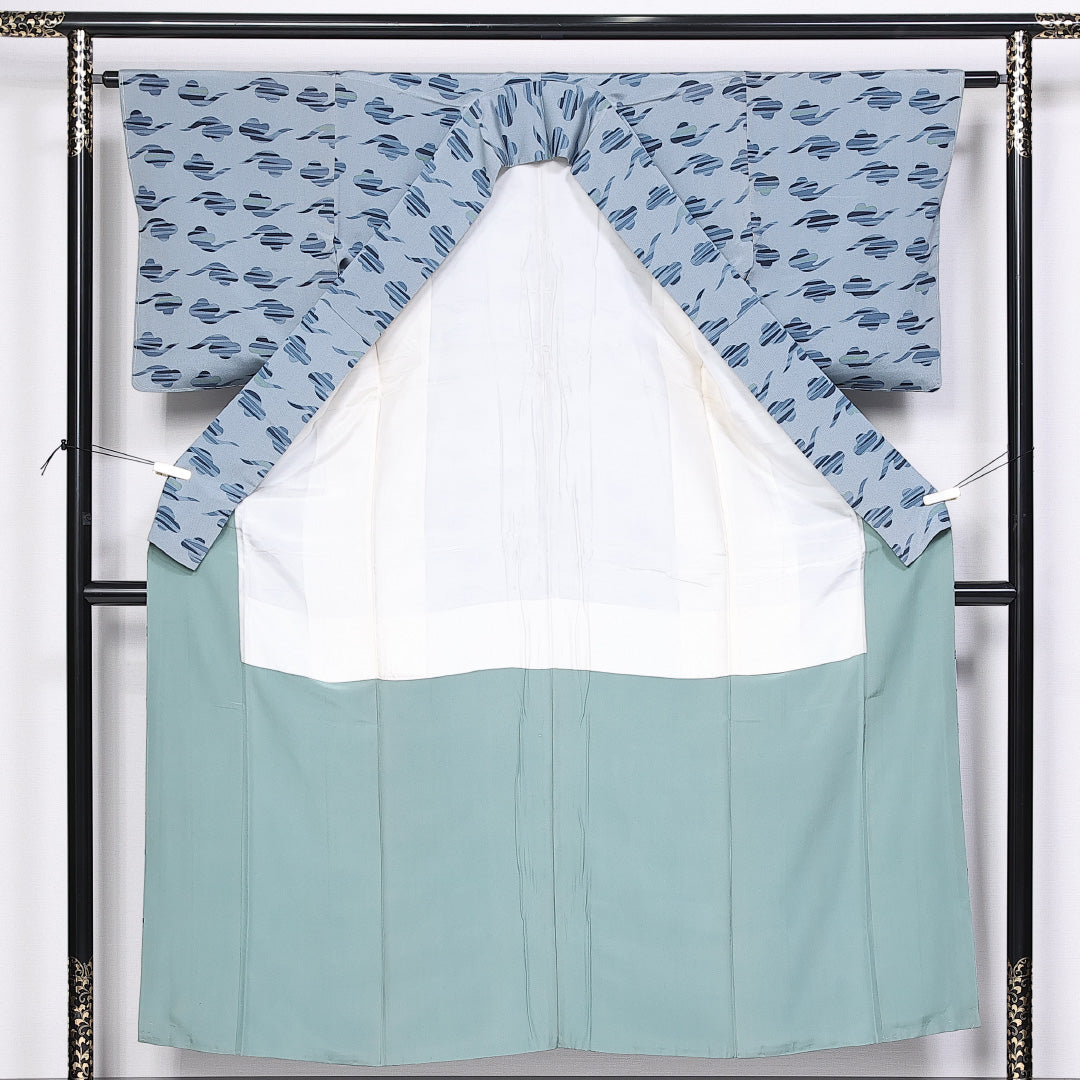 小紋 袷 身丈153cm 裄丈61cm 正絹 Sランク Sサイズ 広衿 インフォーマル ちりめん 水色系 1215-10189