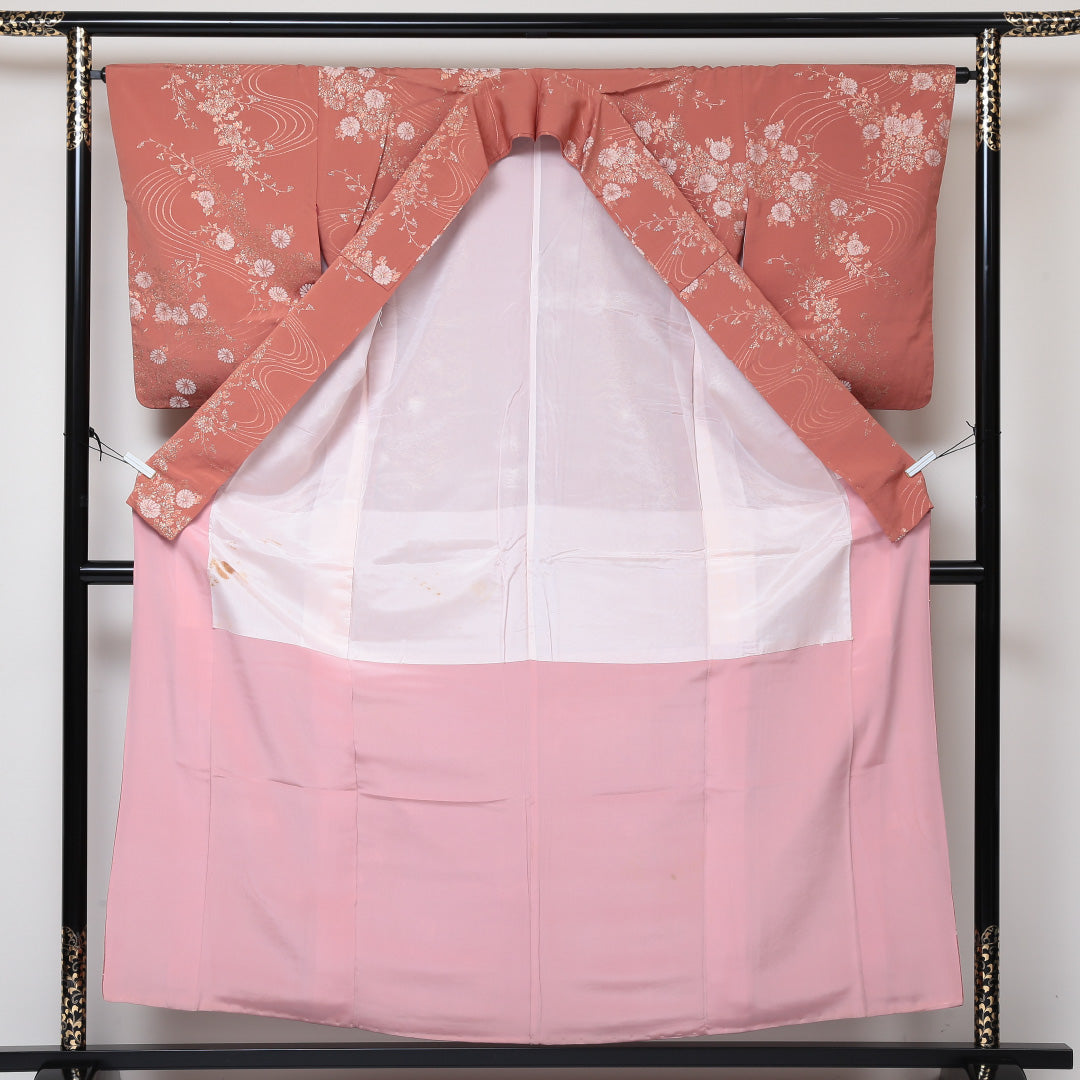 お召 袷 身丈156cm 裄65.5cm 正絹 流水 花柄 金糸 ピンク系 Aランク 1216-00588