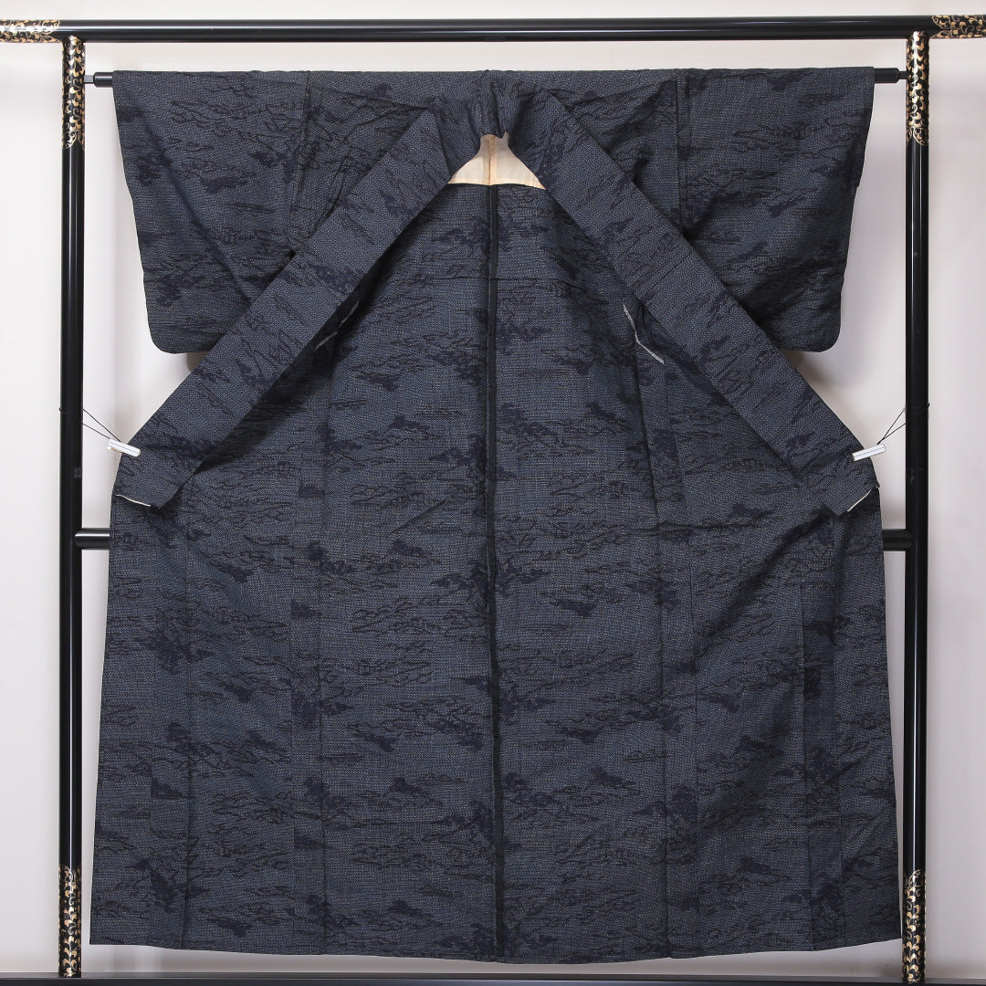 紬 単衣 身丈157cm 裄62cm 正絹 肩当て 山 グレー系 Bランク 1216-01099
